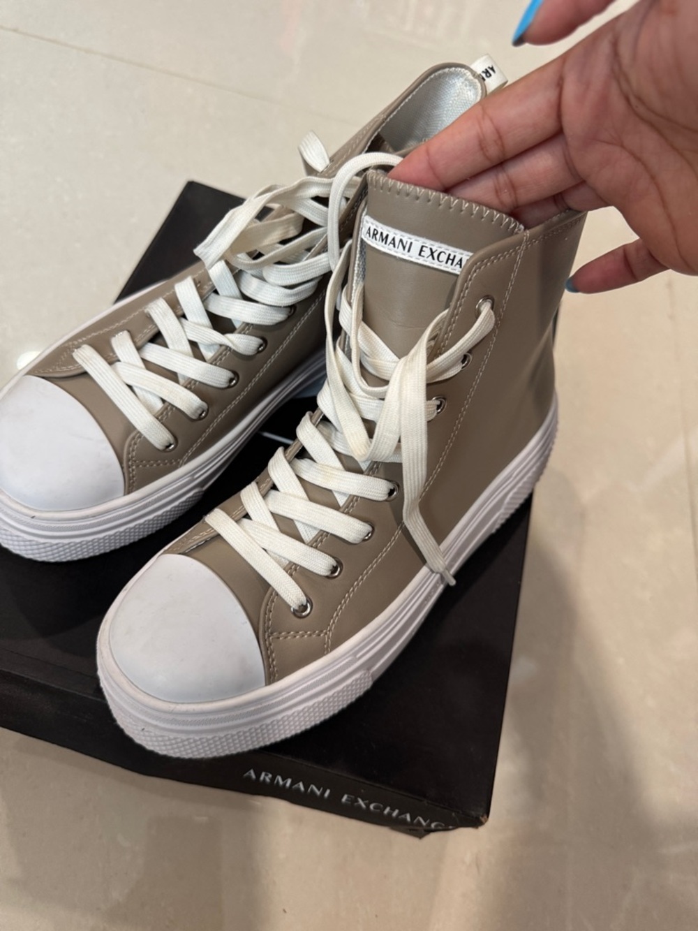 Armani Exchange Taupe and White High-Top Sneakers